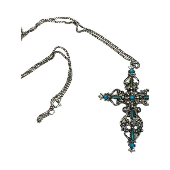 Signed Roma Cross Pendant Necklace Petit Point Faux Turquoise Christian Vintage - Picture 2 of 10